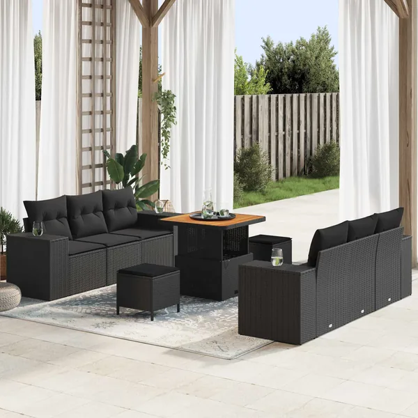 Ensemble de canapé de jardin avec coussin 9 pcs Noir Poly rotin