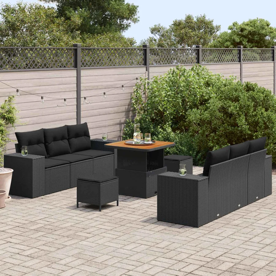 Ensemble de canapé de jardin avec coussin 9 pcs Noir Poly rotin - 3