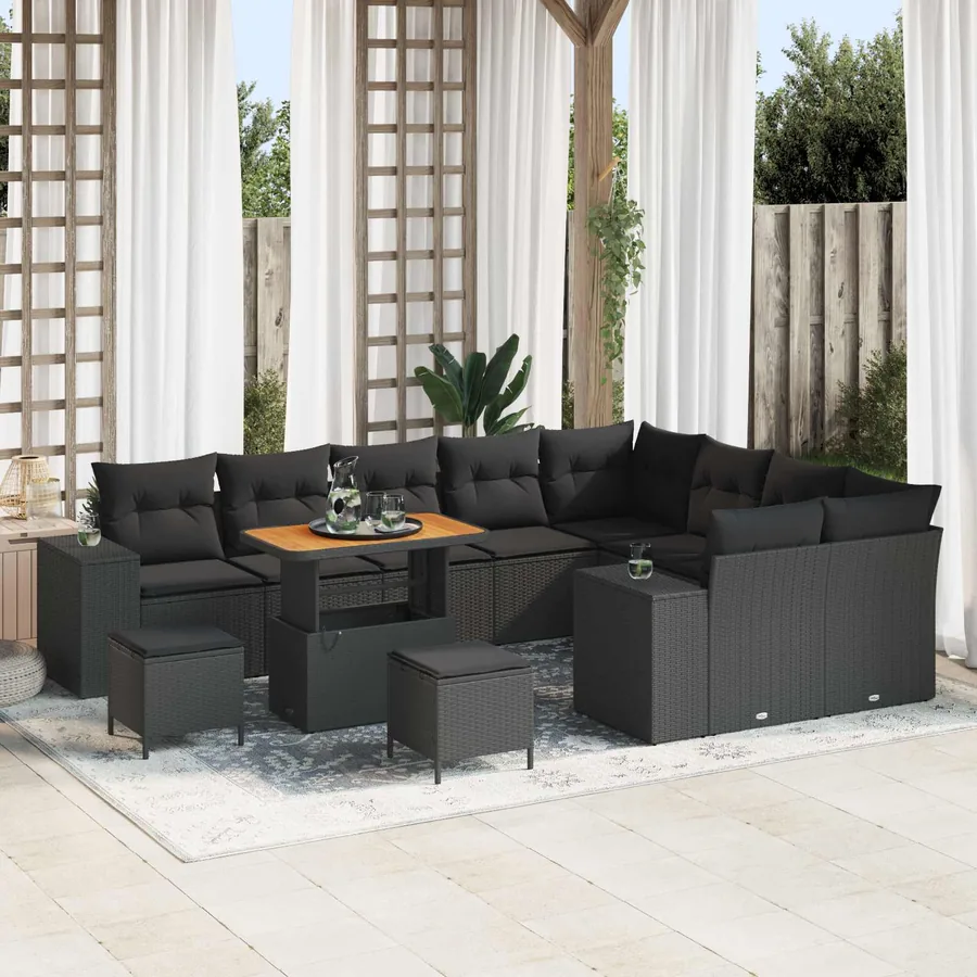 Ensemble de canapé de jardin avec coussin 12 pcs Noir polyrotin