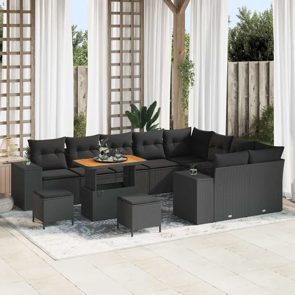 Ensemble de canapé de jardin avec coussin 12 pcs Noir polyrotin