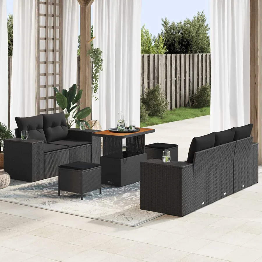 Ensemble de canapé de jardin 8 pcs Noir polyrotin