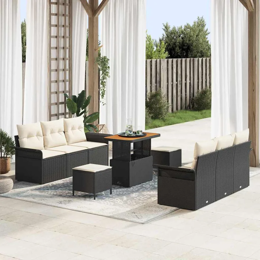 Ensemble de canapé de jardin avec coussin 9 pcs Noir polyrotin