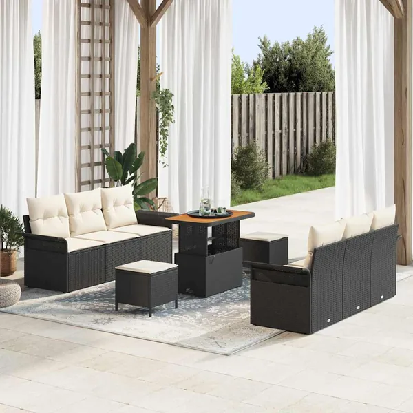 Ensemble de canapé de jardin avec coussin 9 pcs Noir polyrotin
