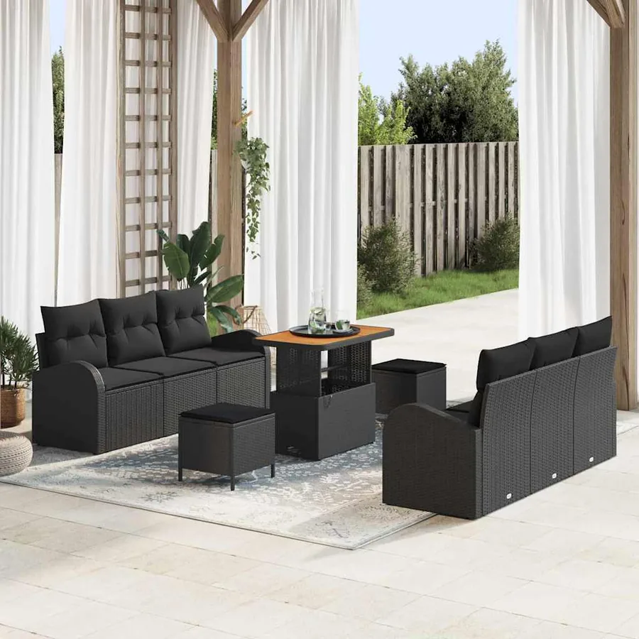 Ensemble de canapé de jardin avec coussin 9 pcs Noir polyrotin