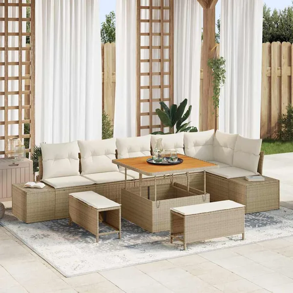 Ensemble de canapé de jardin avec coussin 9 pcs Beige polyrotin