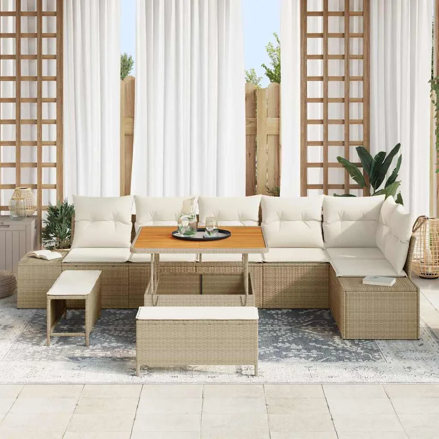 Ensemble de canapé de jardin avec coussin 9 pcs Beige polyrotin - 3