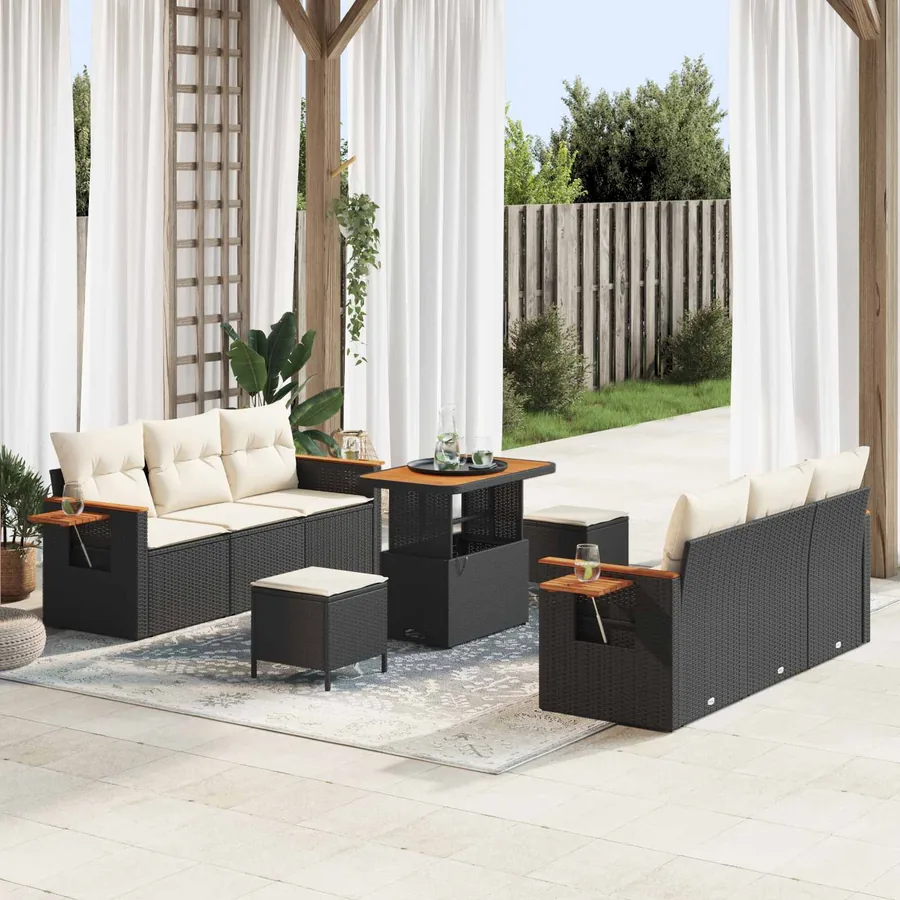Ensemble de canapé de jardin 9 pcs Noir polyrotin