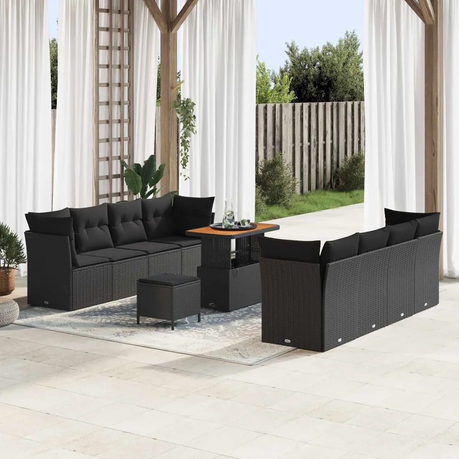 Ensemble de canapé de jardin avec coussin 11 pcs Noir polyrotin