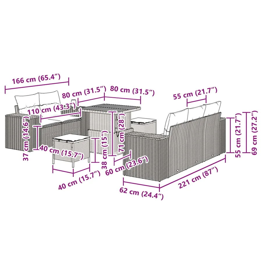 Ensemble de canapé de jardin 8 pcs Noir Poly Rattan - 15