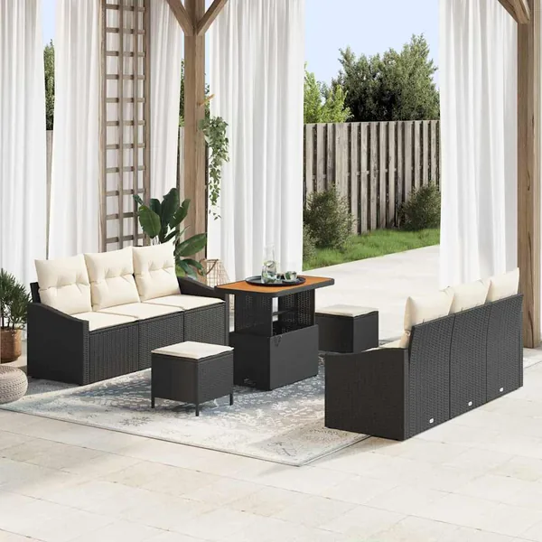 Ensemble de canapé de jardin avec coussin 9 pcs Noir et Crème