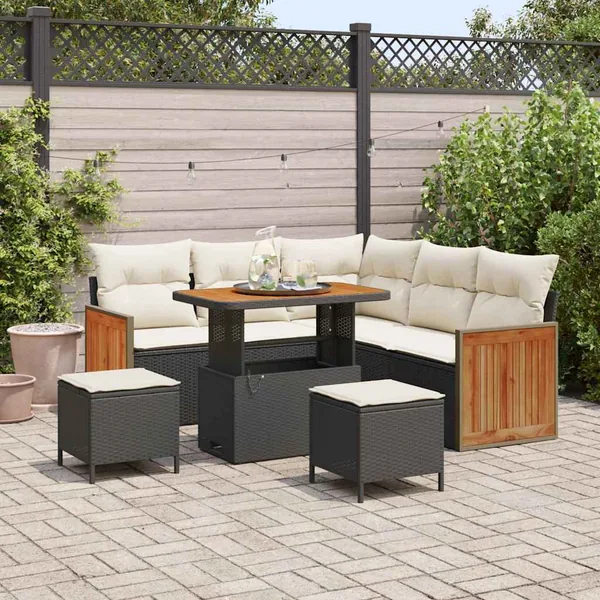 Ensemble de canapé de jardin 9 pcs Noir et Crème polyrotin