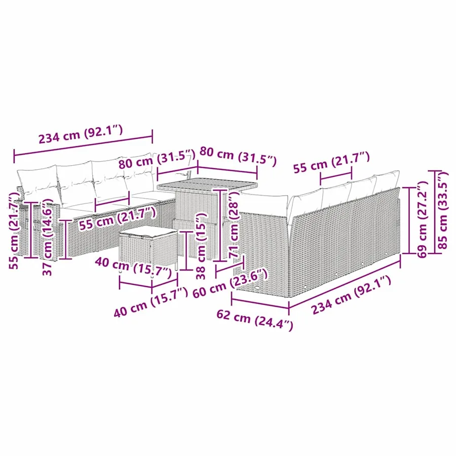 Ensemble de canapé de jardin 11 pcs Noir Poly rotin - 15