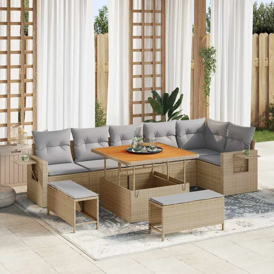 Ensemble de canapé de jardin 9 pcs Beige polyrotin