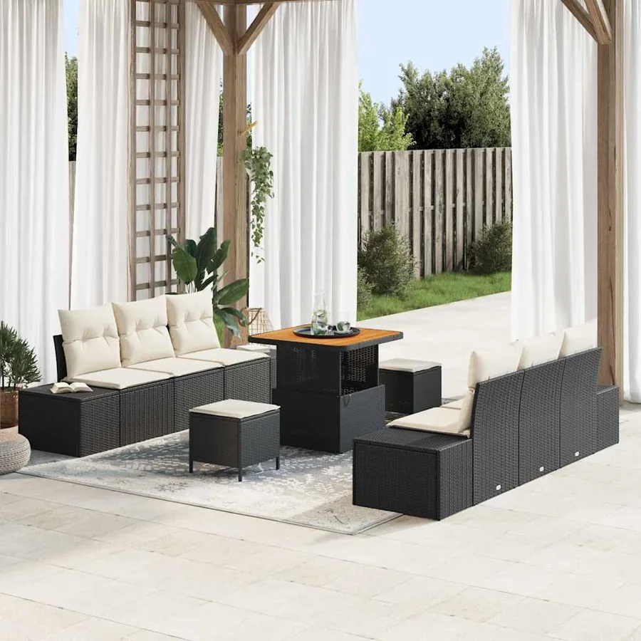 Ensemble de canapé de jardin avec coussin 9 pcs Noir polyrotin