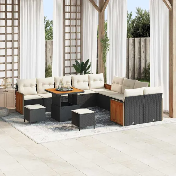 Ensemble de canapé de jardin 17 pcs Noir et Crème polyrotin