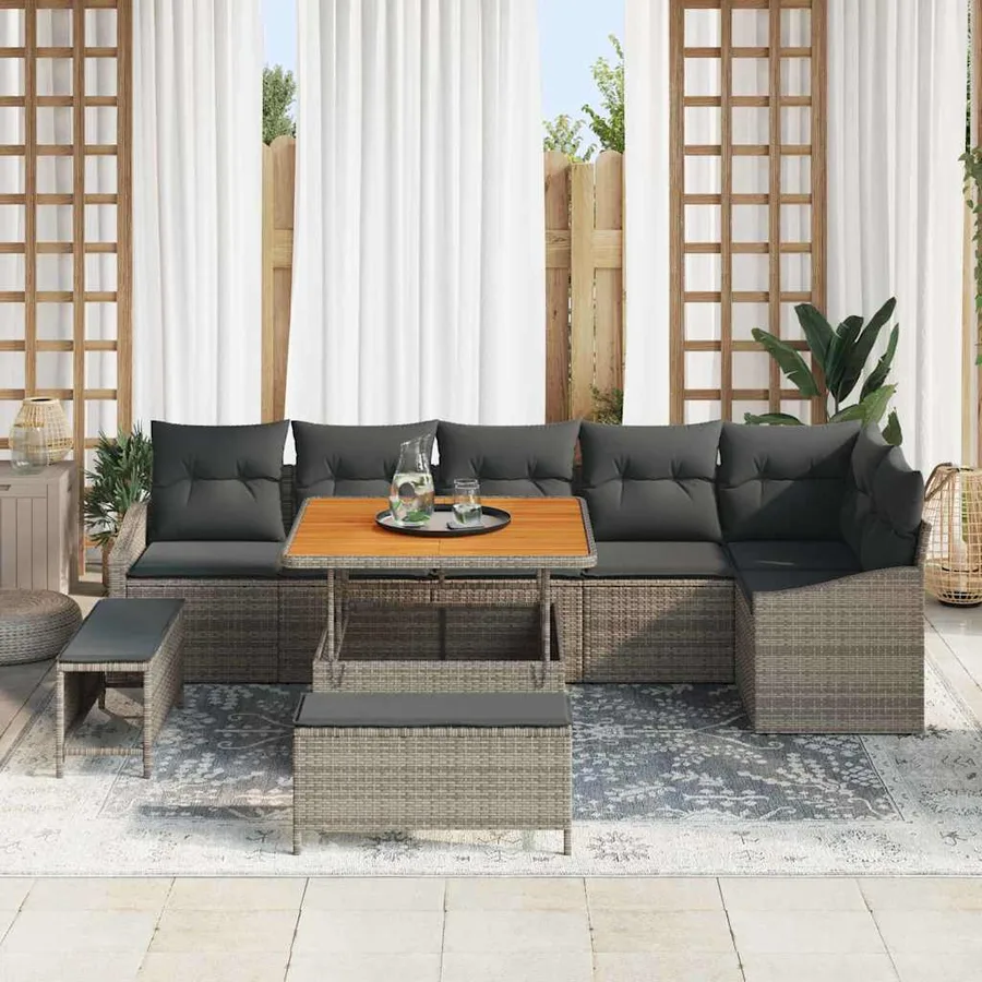 Ensemble de canapé de jardin avec coussin 9 pcs Gris Poly rotin - 3