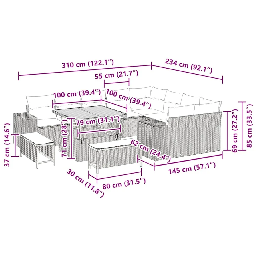Ensemble de canapé de jardin avec coussin 12 pcs Gris polyrotin - 14
