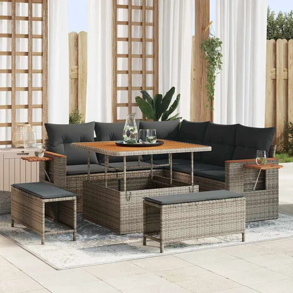 Ensemble de canapé de jardin avec coussin 9 pcs Gris polyrotin