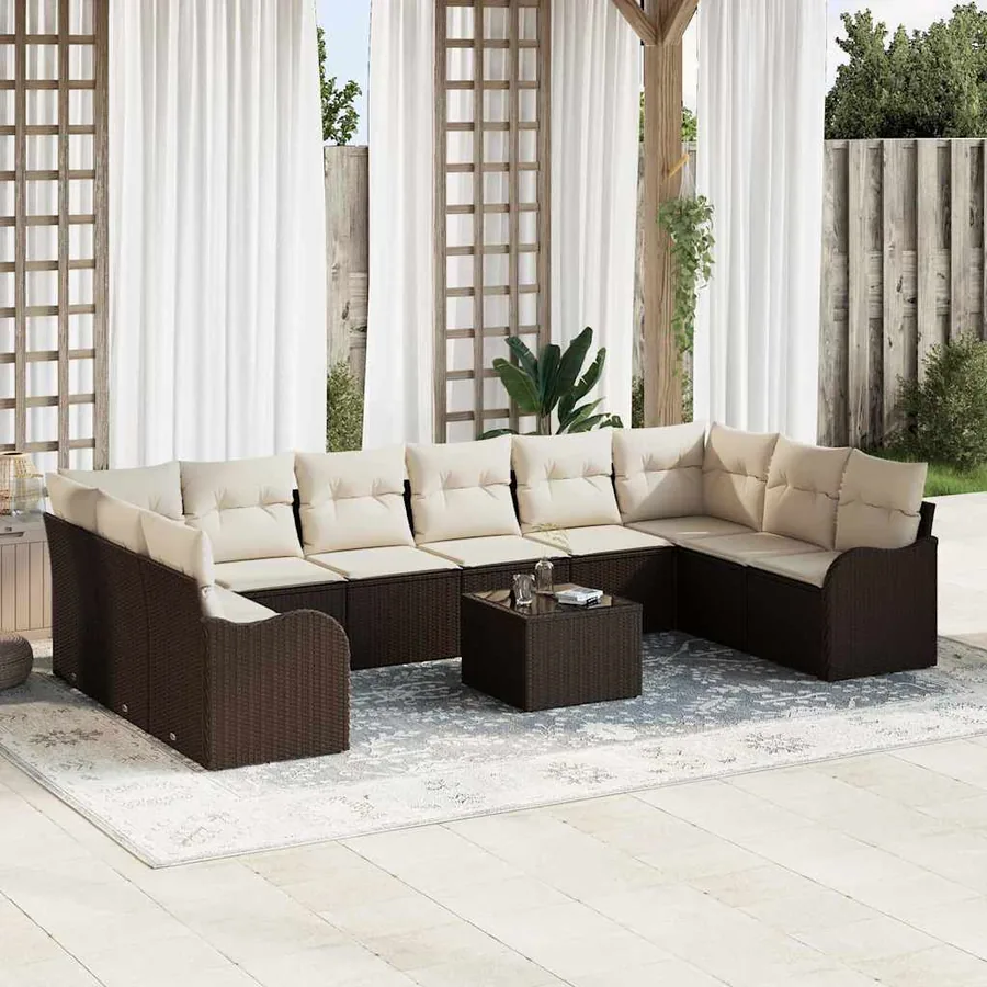 Ensemble de canapé de jardin 11 pcs Marron et blanc polyrotin