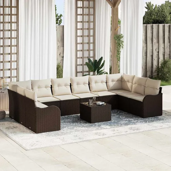 Ensemble de canapé de jardin 11 pcs Marron et blanc polyrotin