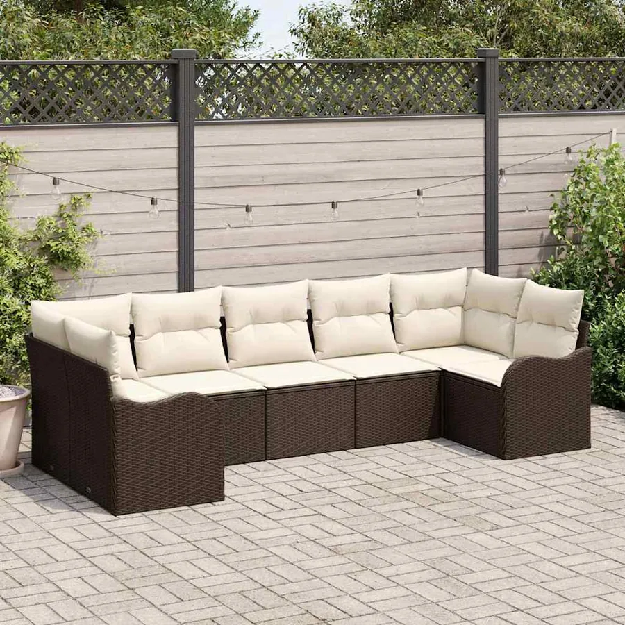 Ensemble de canapé de jardin 7 pcs Marron et blanc Poly rotin