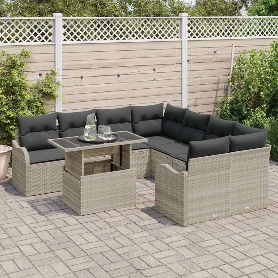 Ensemble de canapé de jardin 9 pcs Gris clair Polyrotin - 3