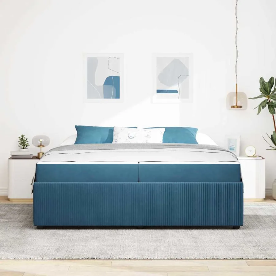Cadre de lit avec matelas Bleu 200 x 200 cm tissu - 3