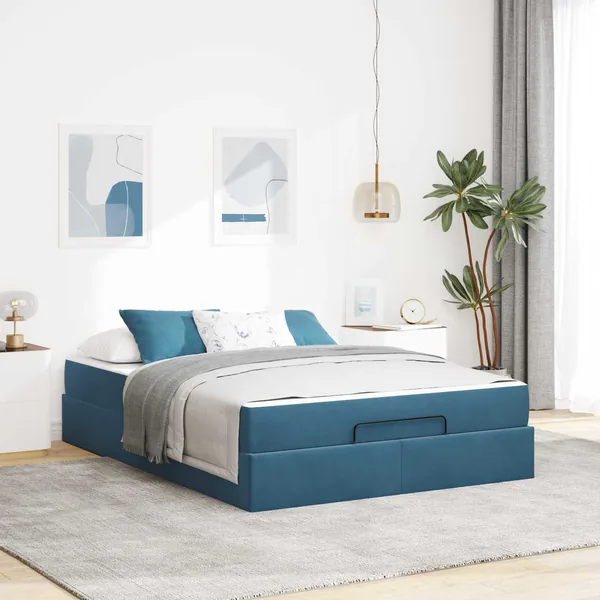 Cadre de lit avec matelas 2 pcs Bleu Velours