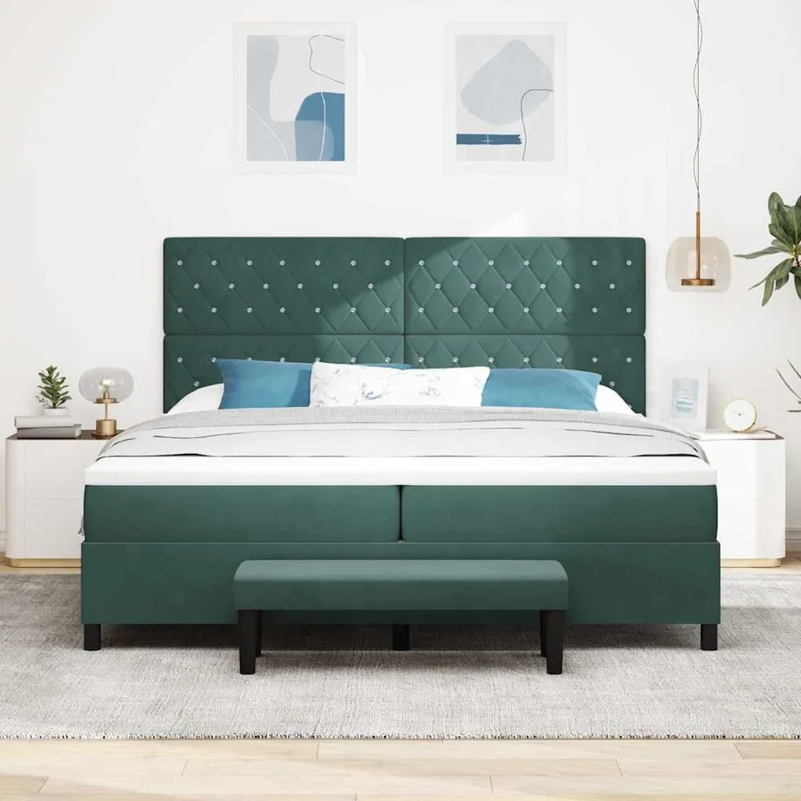Lit à ressorts avec matelas Vert foncé 200 x 200 cm Velours - 3