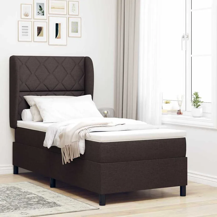 Lit à ressorts avec tête de lit Marron foncé 100 x 200 cm tissu