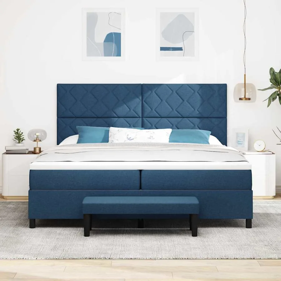 Lit à ressorts avec matelas Bleu 200 x 200 cm tissu - 3
