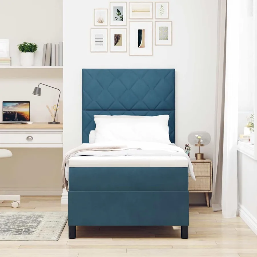 Lit à ressorts avec tête de lit Bleu foncé 100 x 200 cm Velours - 3