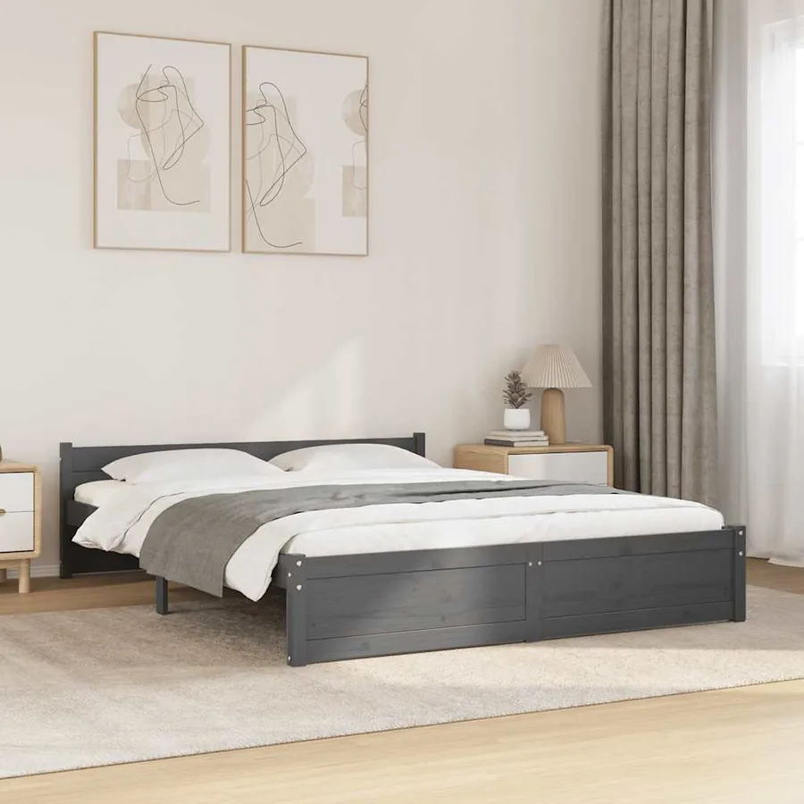 Cadre de lit sans matelas gris bois massif 135x190 cm