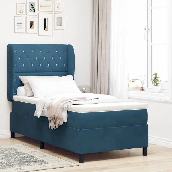 Lit à ressorts avec matelas Bleu foncé 200 x 90 cm Velours