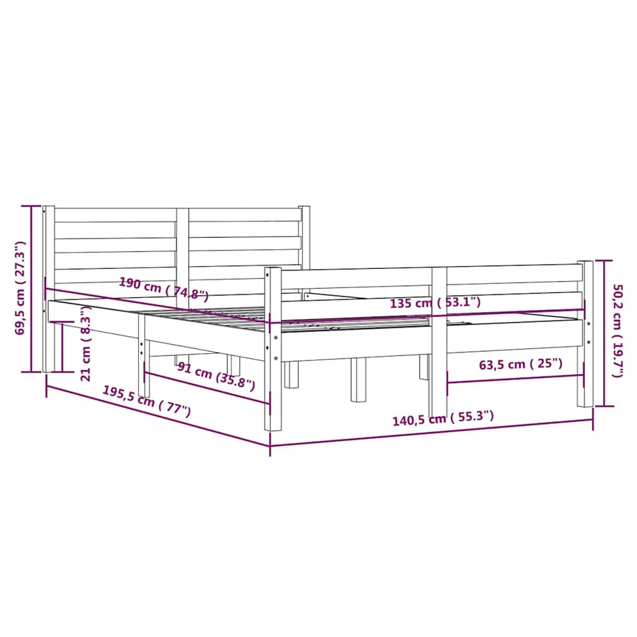 Cadre de lit sans matelas bois massif 135x190 cm - 10
