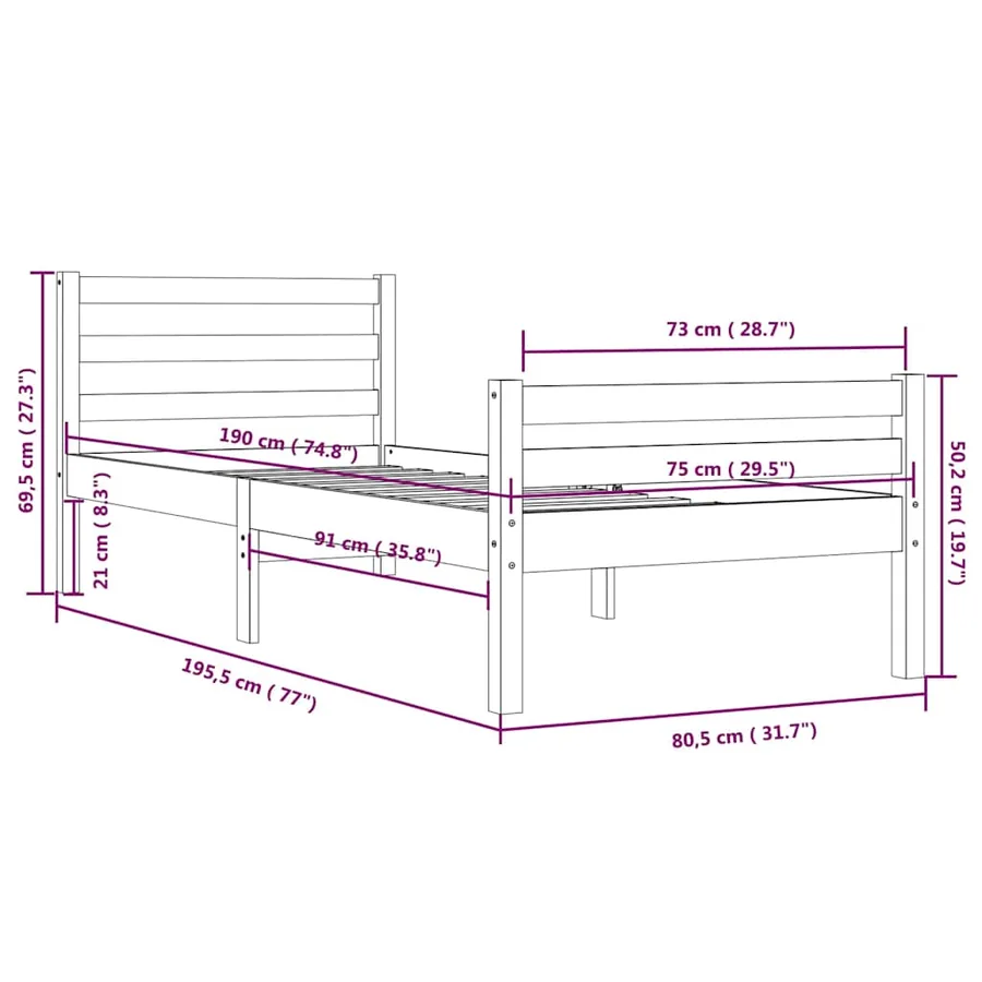 Cadre de lit sans matelas marron miel bois massif 75x190 cm - 10