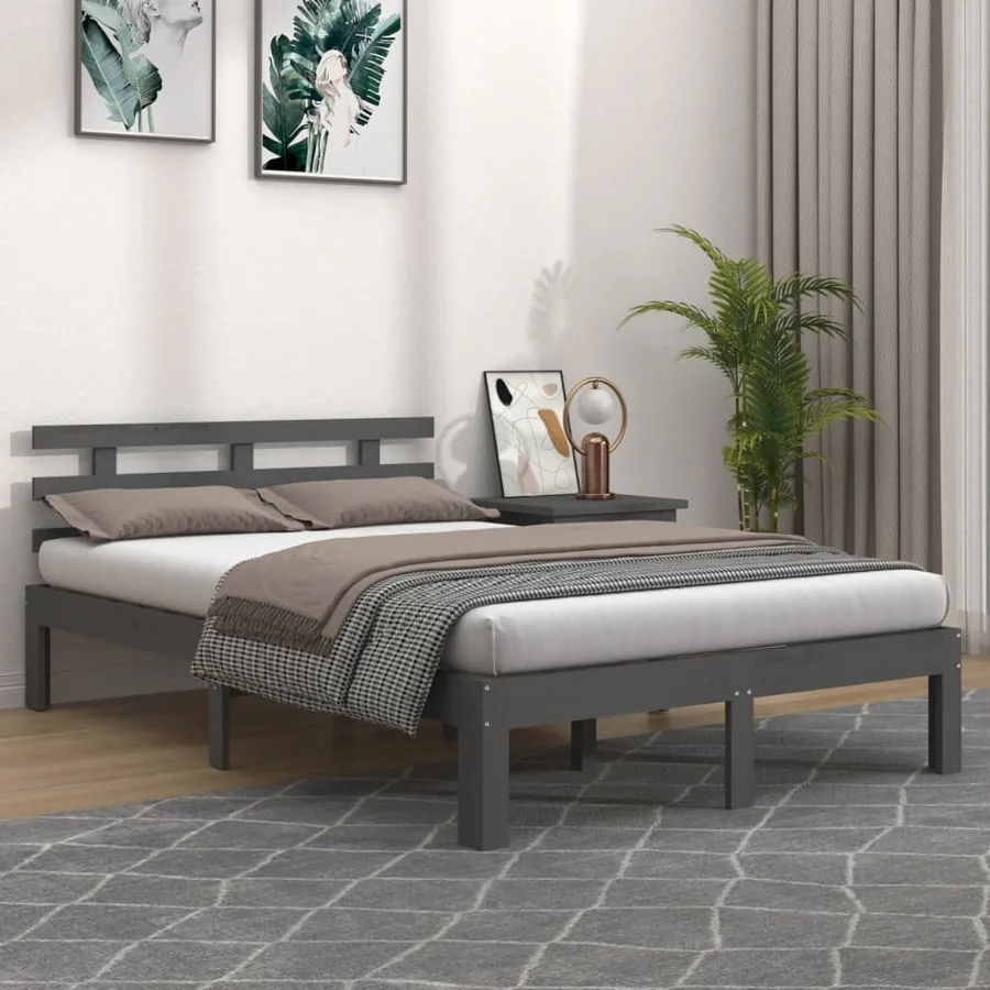 Cadre de lit sans matelas gris bois massif 150x200 cm