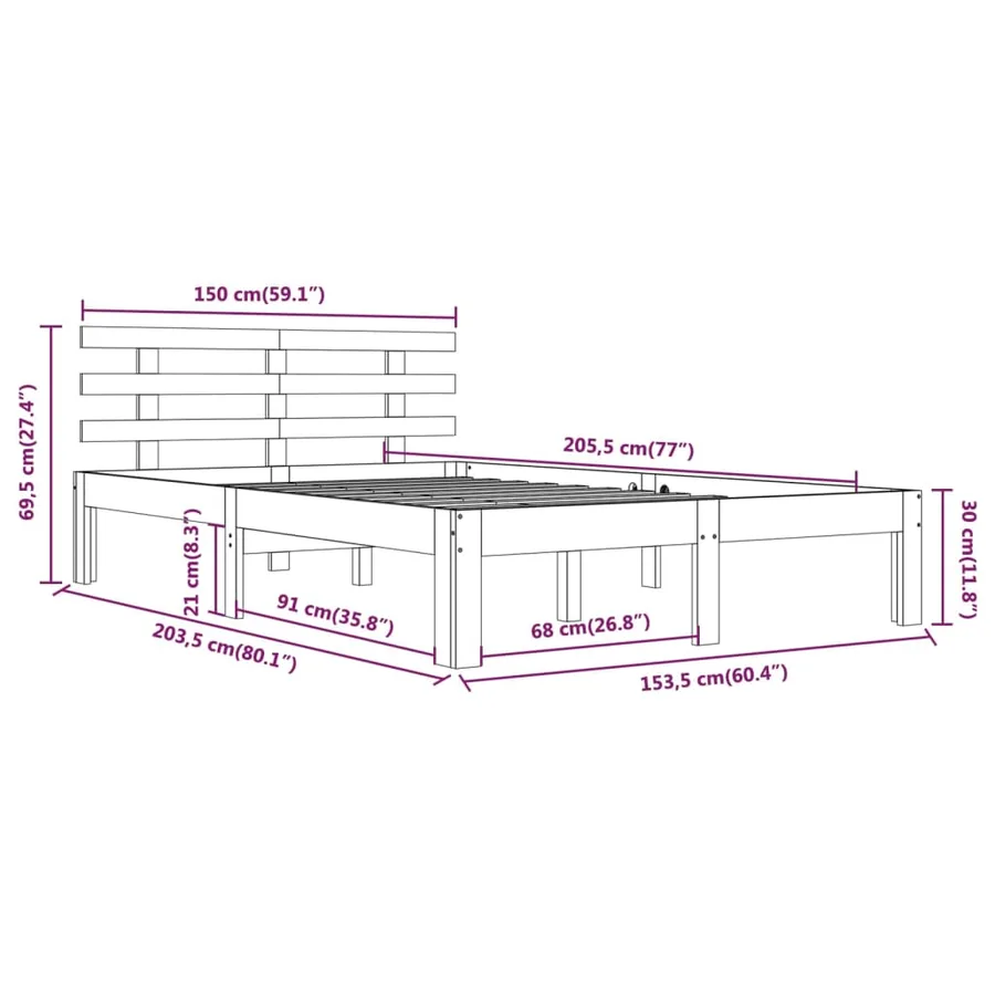 Cadre de lit sans matelas gris bois massif 150x200 cm - 8