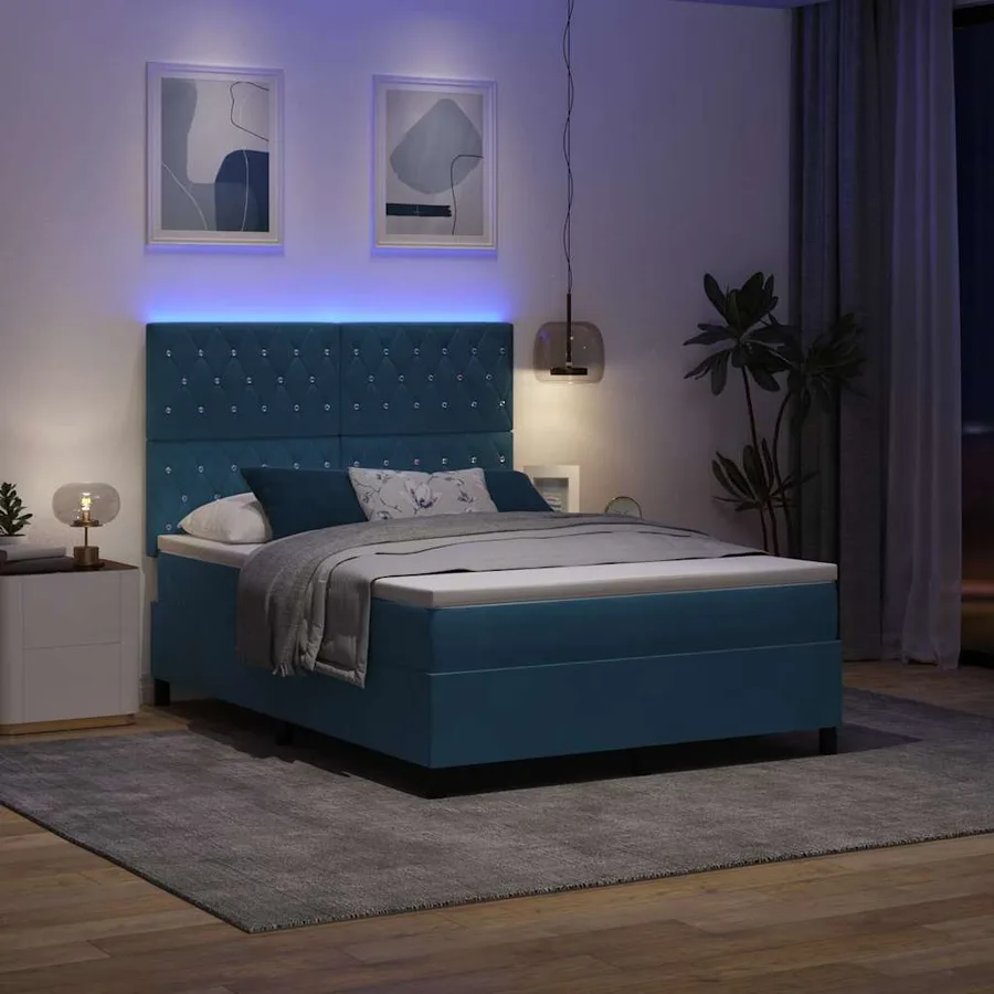 Lit à ressort LED avec matelas Bleu foncé 140 x 190 cm Velours - 5