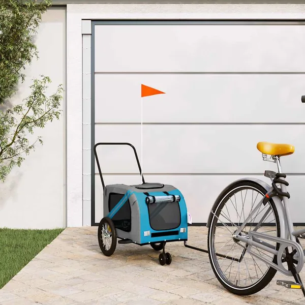 Remorque pour vélo pour animaux en tissu Oxford bleu et gris et fer
