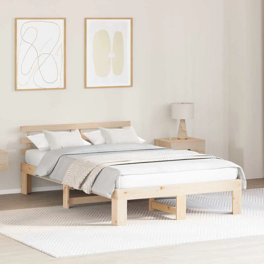 Cadre de lit avec tête de lit Naturel 135 x 190 cm Pin massif