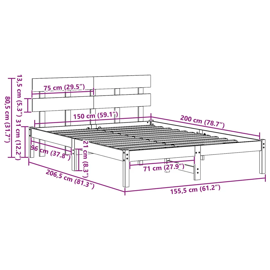 Cadre de lit Marron 150 x 200 cm Bois de pin massif - 11