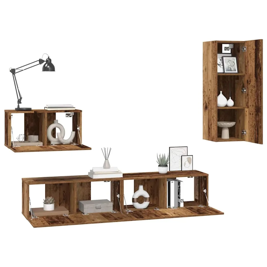Meuble TV mural 4 pcs Bois Ancien Bois d'ingénierie - 3