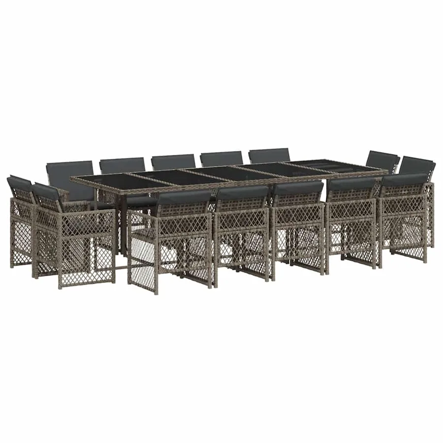 Ensemble à manger de jardin 15 pcs coussins gris résine tressée - 2