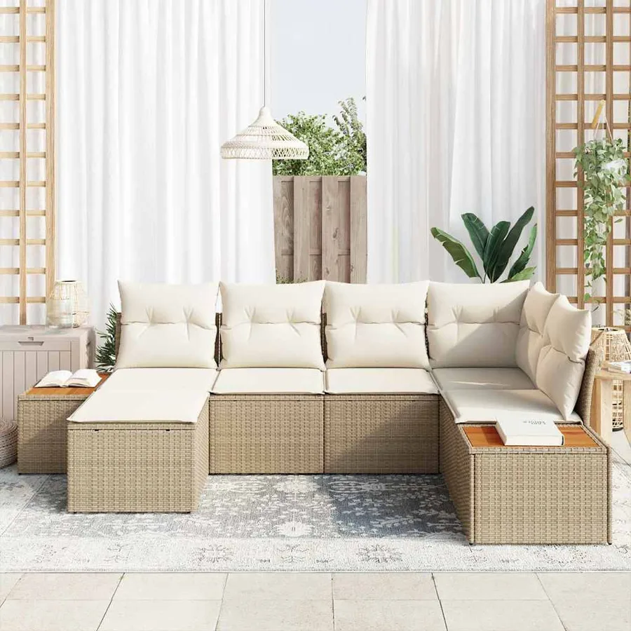 Ensemble de canapé de jardin 7 pcs Beige et crème Polyrotin - 3
