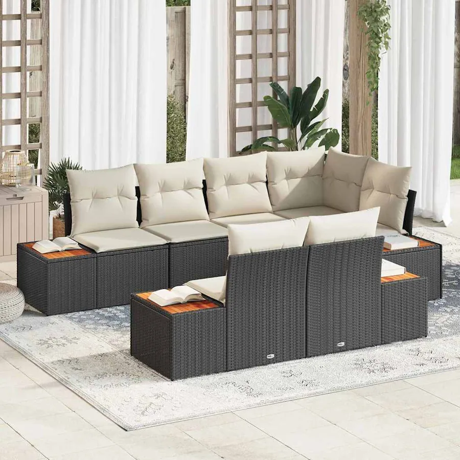 Ensemble de canapé de jardin 7 pcs Noir et Crème Polyrotin