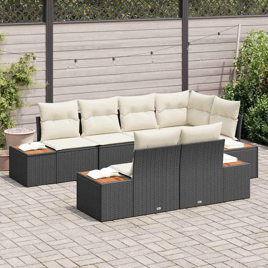 Ensemble de canapé de jardin 7 pcs Noir et Crème Polyrotin - 3