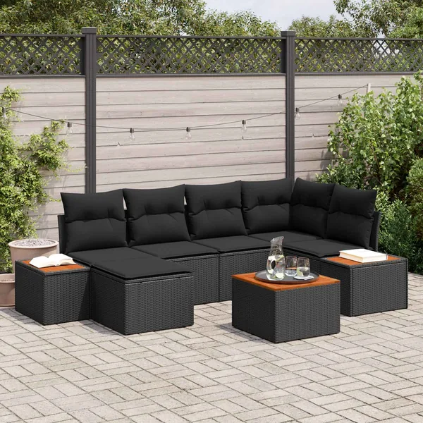 Ensemble de canapé de jardin avec coussin 7 pcs Noir Polyrotin
