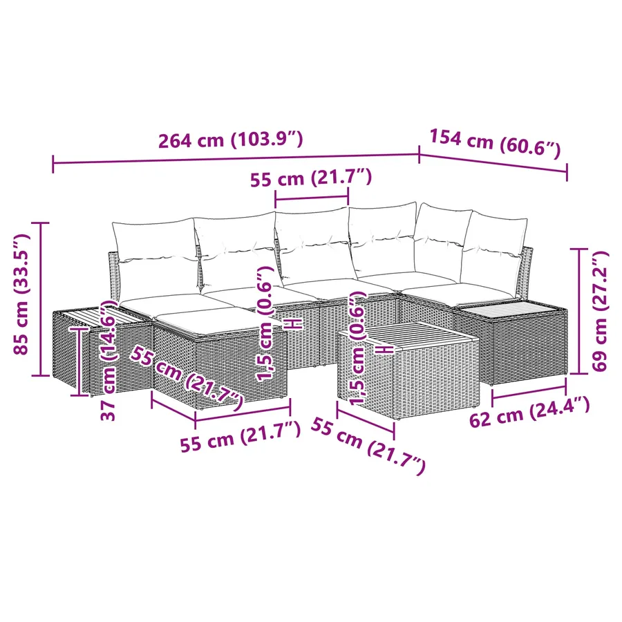 Ensemble de canapé de jardin avec coussin 7 pcs Noir Polyrotin - 15
