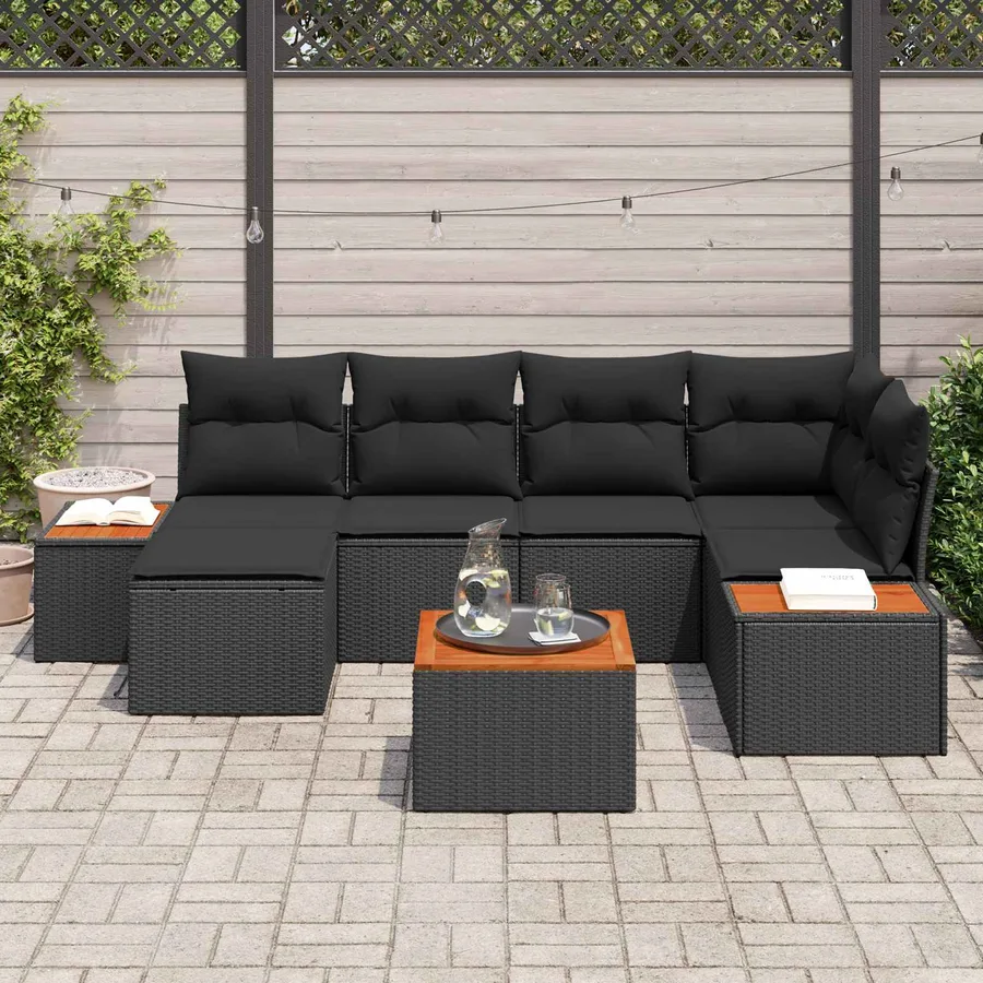 Ensemble de canapé de jardin avec coussin 7 pcs Noir Polyrotin - 3